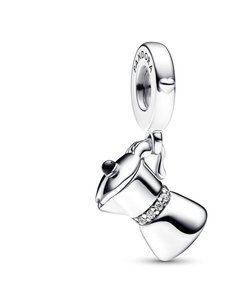 Front of a size O/S Moka Pot Dangle Charm in Silver in Silver by Pandora. | dia_product_style_image_id:329408
